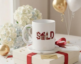 SOLD Coffee Mug | Candy Cane Script Mug |  Christmas Holiday Design |  Realtor Gift Mug with Yarn Text