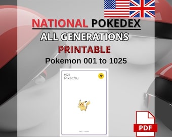 Pokédex Nacional Imprimible – Todas las Generaciones – Pokémon 001 a 1025 – PDF Imprimible – Inglés