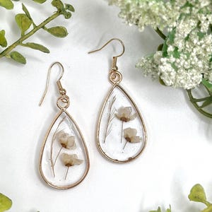 White Pressed Flower Gold Earings