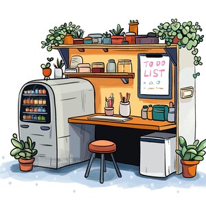Cozy Artist Desk Illustration – PNG, JPEG, PSD – Digital Art Print, Printable Wall Art, Clipart for Planner & Creative Projects