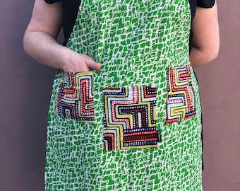 Leaf green and colorful maze full apron, three pockets, medium to plus size, heavy cotton