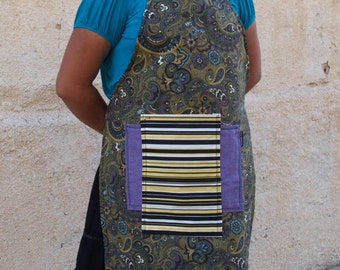 Woman's full apron, yellow, purple, paisley, heavy canvas in complementary colors, bib apron fits medium to plus size