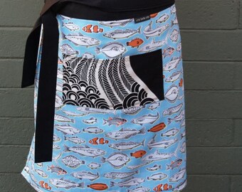 Woman's half apron. Fish, turquoise, blue sea, pocket, heavy canvas, long ties, kitchen, waitress