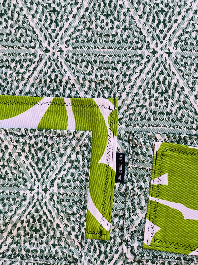 Lots of green patterns cover this full apron, four pockets, medium to plus size, heavy cotton image 6