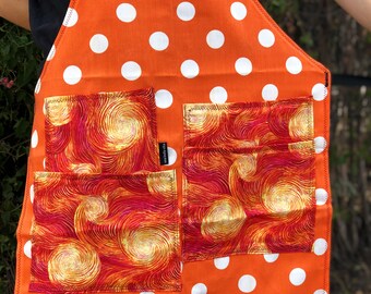 Orange polka dots, Van Gogh starry night apron, medium to plus size, heavy cotton, long ties