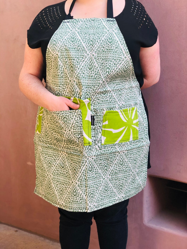 Lots of green patterns cover this full apron, four pockets, medium to plus size, heavy cotton image 1