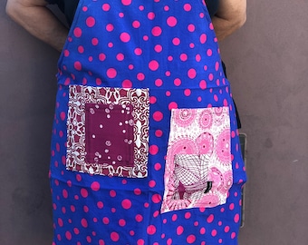 Purple and pink polka dot full apron, four pockets, medium to plus size, heavy cotton