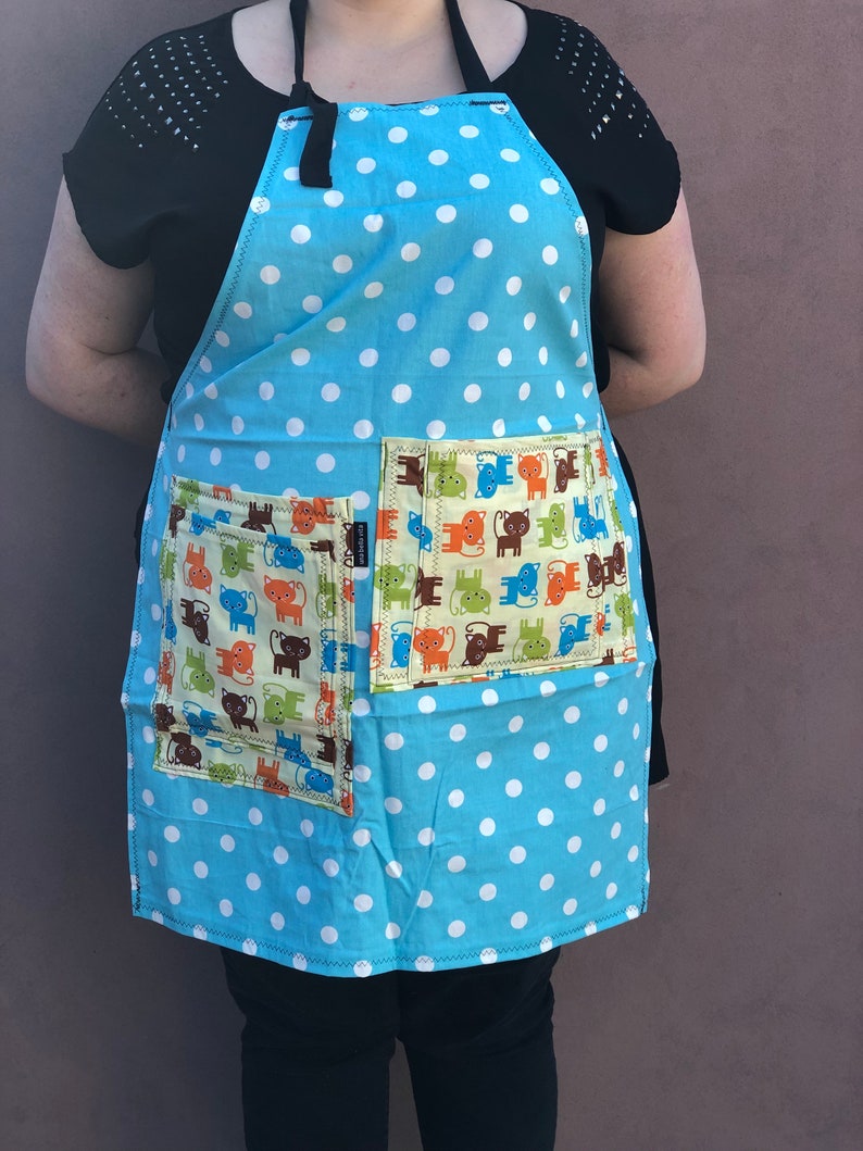 Cute cats frolic on turquoise polka dot full apron, four pockets, medium to plus size, heavy cotton image 4