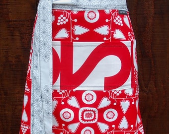 Red woman's half apron, canvas fabric, pocket, hearts, entertaining, cook, gardening, waitress, artist, men or women