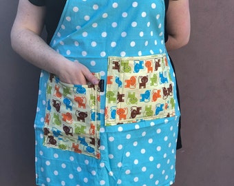 Cute cats frolic on turquoise polka dot full apron, four pockets, medium to plus size, heavy cotton