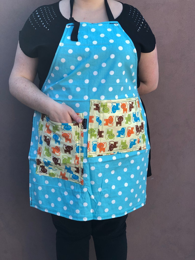 Cute cats frolic on turquoise polka dot full apron, four pockets, medium to plus size, heavy cotton image 1