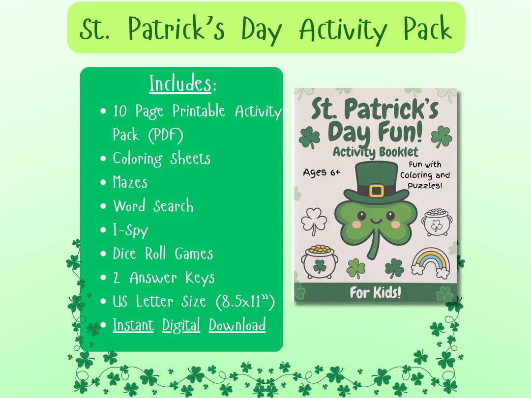 St Patricks Day Kids Activity Pack | Games, Mazes, Coloring (PDF ...