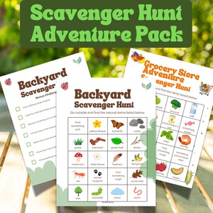 May include: A Scavenger Hunt Adventure Pack with three activity sheets. The sheets include a Backyard Scavenger Hunt, a Grocery Store Adventure Hunt, and a bonus challenge. The sheets are printed on white paper with colorful illustrations and text.