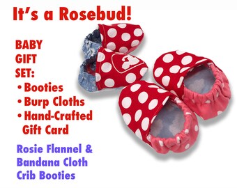 New Mother Gift Baby Rosie the Riveter Rosebud Booties, Burp Cloth, Gift Card with Rosie the Riveter Doll Ornament