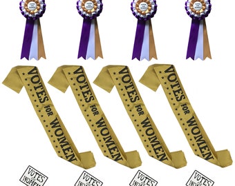 Suffragette Suffragist VOTES FOR WOMEN Sash Rosette Hand Sign Party Pack. 4 of each of 3 items.