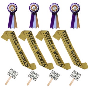 Suffragette Suffragist VOTES FOR WOMEN Sash Rosette Hand Sign Party Pack. 4 of each of 3 items. image 1