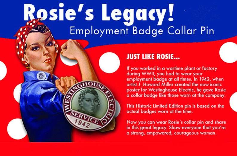 OVERSTOCK Rosie the Riveter Collar Pin / Employment Pin. Historically Accurate Rosie Enamel Pin. Limited Time Offering. Gift image 3