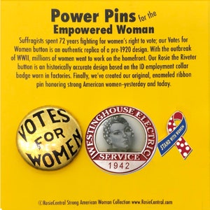 POWER PINS. Gift Box with Authentic Suffragist Button, Rosie the Riveter Enamel Pin, Stand With Women Enamel Ribbon Pin image 2