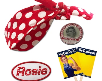 Rosie the Riveter Costume - BE A ROSIE Bandana, Rosie Collar Pin, Rosie Name Patch, Hand Sign We Can Do It! Poster WW2 Add On- Rivet Goggles