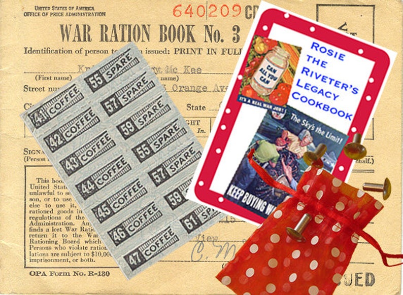 BE a ROSIE DIY Rosie the Riveter Set Bandana, We Can Do It Poster, Enamel Collar Pin, WW2 Ration Token 1943 Penny, Ration Book. image 5