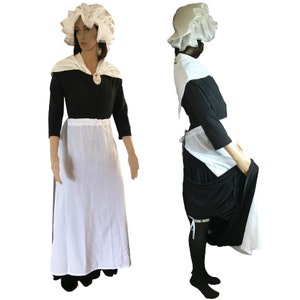 COLONIAL FOUNDING MOTHER Costume Accessory Kit. 6 Item Set. Mob Cap, Neckerchief, Apron, Stockings, Garter, Abigail Adams Brooch/Button.