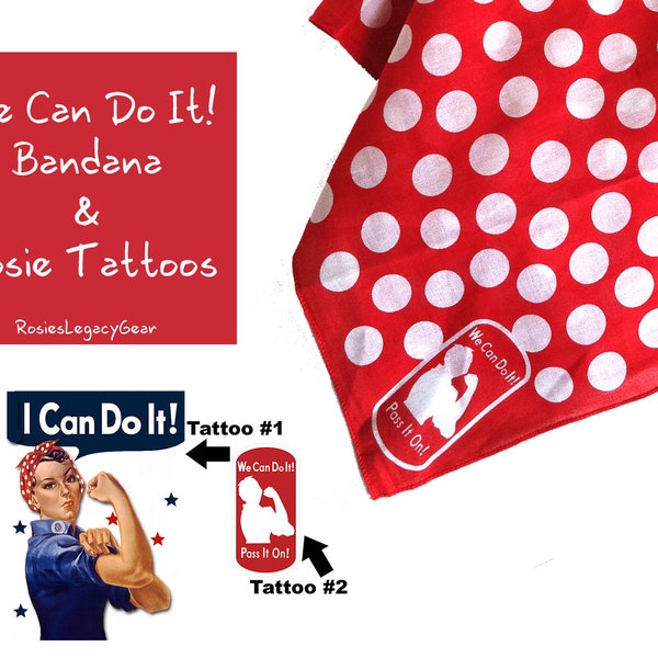 Rosie the Riveter Bandana and 2 Rosie the Riveter Temporary Tattoos; Vintage Style; Red and White Polkadot Headscarf or Bandana.