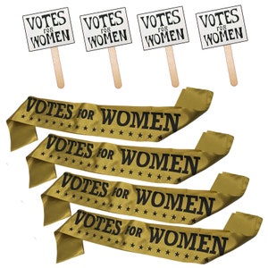 4 Suffrage Sashes and 4 VOTES FOR WOMEN Signs Party Pack. Great for Parties. image 1