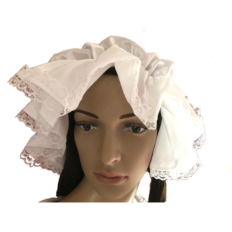 COLONIAL FOUNDING MOTHER Costume Accessory Kit. 6 Item Set. Mob Cap, Neckerchief, Apron, Stockings, Garter, Abigail Adams Brooch/Button. image 2