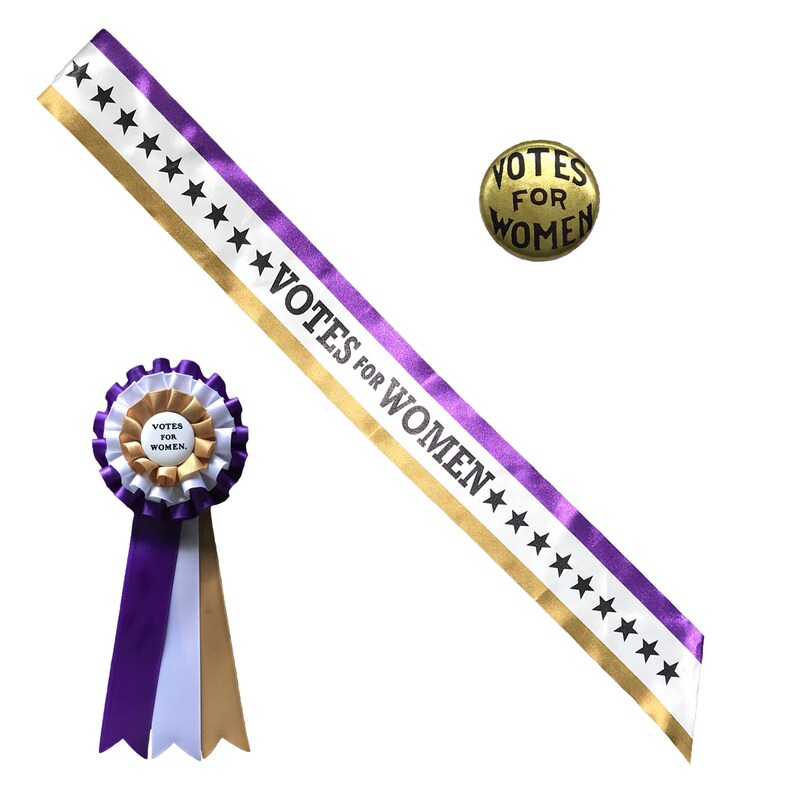 Suffrage Accessories. 3-Colored Suffragette VOTES FOR WOMEN Satin Sash, 3-colored Rosette, and Gold Votes for Women Button. 3 Item Set image 6