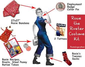 SALE ROSIE the RIVETER Costume Kit. "We Can Do It!" WW2 Red and White Polkadot Rosie Accessories. Authentic. Retro Rosie Cosplay. Rockabilly