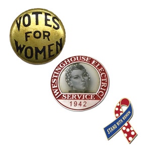 POWER PINS. Gift Box with Authentic Suffragist Button, Rosie the Riveter Enamel Pin, Stand With Women Enamel Ribbon Pin image 1