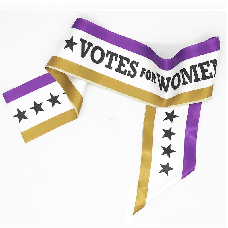 Suffrage Accessories. 3-Colored Suffragette VOTES FOR WOMEN Satin Sash, 3-colored Rosette, and Gold Votes for Women Button. 3 Item Set image 5