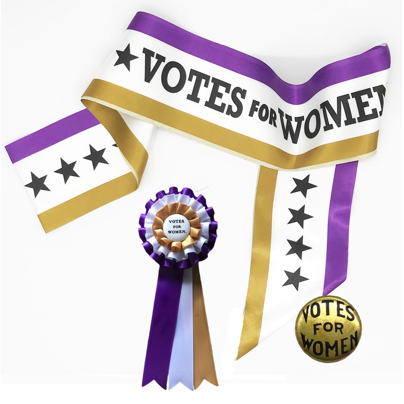 Suffrage Accessories. 3-Colored Suffragette VOTES FOR WOMEN Satin Sash, 3-colored Rosette, and Gold Votes for Women Button. 3 Item Set image 1
