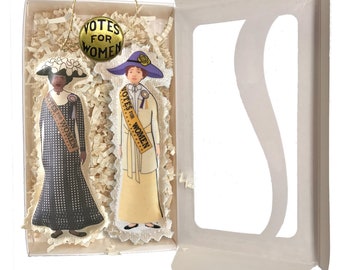 Cloth Ornament - 2 Suffragettes and Gold Votes for Women Button. Suffrage Gift Box. Suffragists as Ornaments. Handmade.