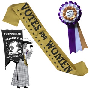 Suffragette Suffragist VOTES FOR WOMEN Sash Rosette Hand Sign Party Pack. 4 of each of 3 items. image 3