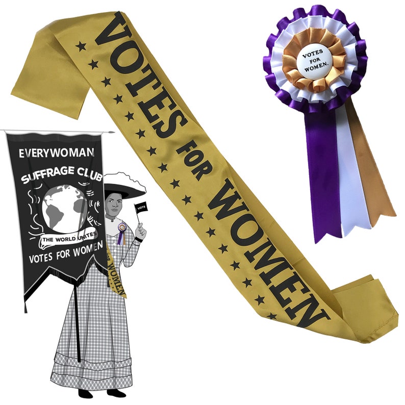 Suffragette Suffragist VOTES FOR WOMEN Sash Rosette Hand Sign Party Pack. 4 of each of 3 items. image 3