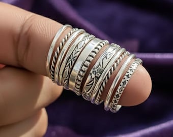 Juego de anillos apilables de plata de ley hechos a mano, anillos bohemios con estilo (12 juegos)
