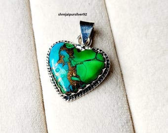 Green Turquoise Heart Pendant, Handmade 925 Sterling Silver