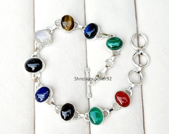 Multi Stein Armband, 925 Sterling Silber Armband, Stilvolles Armband, Mondstein-Labradorit-Lapis Lazuli Armband, Geburtstagsgeschenk für die Liebe