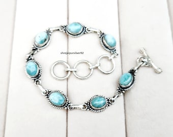 Natural Larimar Bracelet, 925 Sterling Silver, Boho Style