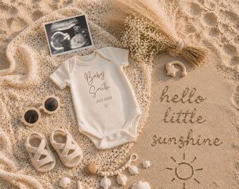 Summer Beach Pregnancy Announcement Template, Hello Little Sunshine Baby Reveal, Neutral Coastal Baby Announcement, Editable Canva