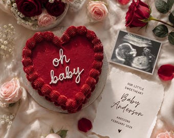 Valentine's Day Baby Announcement Digital Template, Cake Pregnancy Announcement, Editable Valentine Baby Reveal, Canva Editable