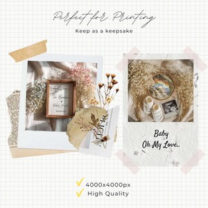 Peut inclure: Un collage num&eacute;rique pr&eacute;sentant deux cadres style polaro&iuml;d avec des fleurs s&eacute;ch&eacute;es, des chaussons de b&eacute;b&eacute;, une &eacute;chographie et le texte Perfect for Printing, Keep as a keepsake, Boys or Girls, Tie Breaker, Baby Miller, Due Dec 2023, Baby Oh My Love.