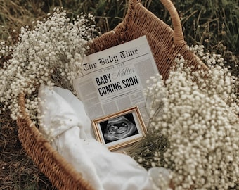 Newspaper Pregnancy Announcement Template, Editable Canva, Minimal Baby Reveal for Social Media, Gender Neutral, Instant Download