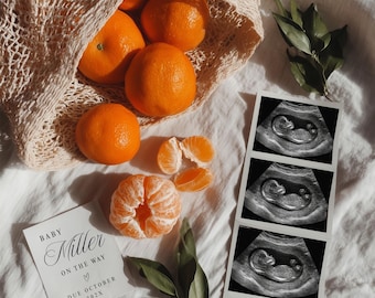 Minimalistyczny szablon cyfrowy do ogłoszenia ciąży „Oranges”: edytowalny Canva, minimalistyczny, neutralny szablon do ogłoszenia ciąży, media społecznościowe