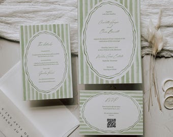 Sage Green Hochzeitseinladungs-Vorlage, bearbeitbares Hochzeitseinladungs-Set, QR-Code-RSVP-Karte, gestreiftes Hochzeitspaket, Canva-Hochzeit