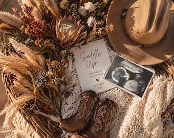 Saddle Up Pregnancy Announcement Template, Western Baby Reveal Canva, Rustic Cowboy Baby Announcement, Editable Digital Download