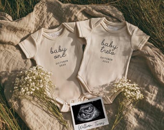 Modèle numérique d'annonce de grossesse gémellaire minimale : toile modifiable, annonce bébé confortable sur les réseaux sociaux, non sexiste, téléchargement immédiat