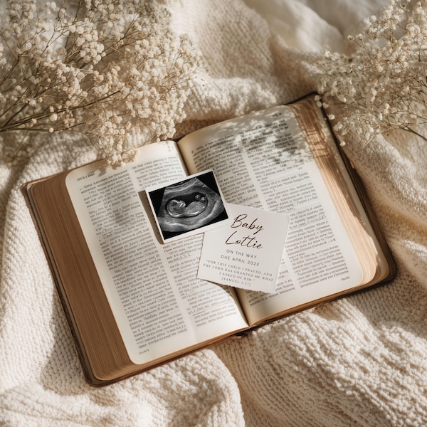 Religijny, minimalistyczny szablon cyfrowy do ogłoszenia o narodzinach dziecka w ciąży: edytowalny Canva, minimalistyczny, neutralny, z napisem „Ogłoszenie o narodzinach dziecka”, Biblia, Baby Breathflower