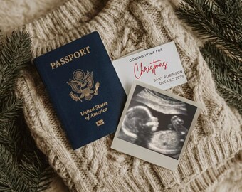 Christmas Pregnancy Announcement Template, Coming Home For Christmas Baby Reveal, Travel Baby Announcement, Editable Canva Template